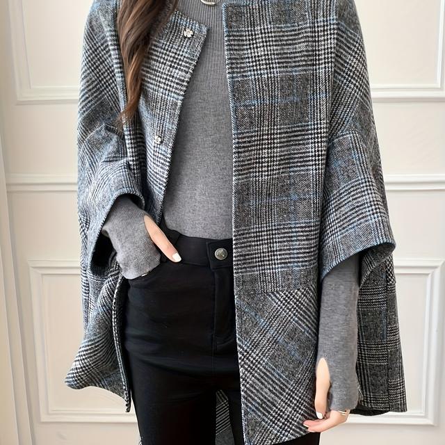 TEMU 女性用なミドル丈チェック柄カーディガンコート - 秋/冬のファッションケープ、、柔らかいポリエステル生地、ボタンフロント、バットスリーブ、ブルー＆ブラックのチェック柄、秋のアウター | ボタンアップカーディガン | なチェックコート