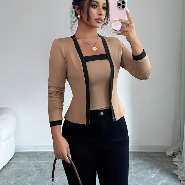 TEMU Women's Top 2pcs Set, Mature Elegant Style Long Sleeve Blouse Shawl Coat And Vest Inner Layer