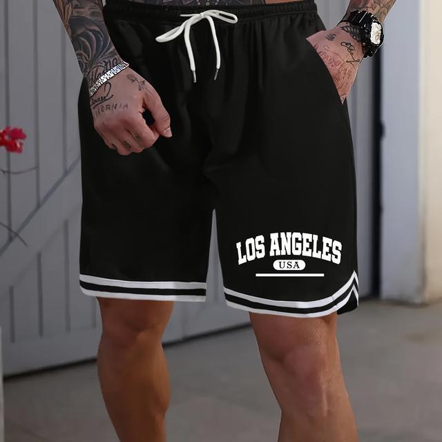 TEMU Średnie Długości Męskie Szorty do Koszykówki z Nadrukiem LOS ANGELES - Letni Styl, Elastyczny Pas ze Sznurówką, i Oddychające, Luźne Krój na Bieganie, Sport i Uliczna Moda
