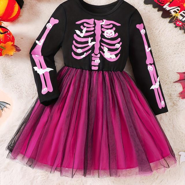 TEMU Mädchen Neues Herbst-Winter Halloween Element Cartoon Print Patchwork Mesh Modekleid