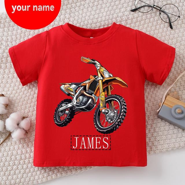 TEMU Boy's T-shirt Customized Motorcycle Pattern Printed Casual Versatile Round Neck Short Sleeved Top With Name