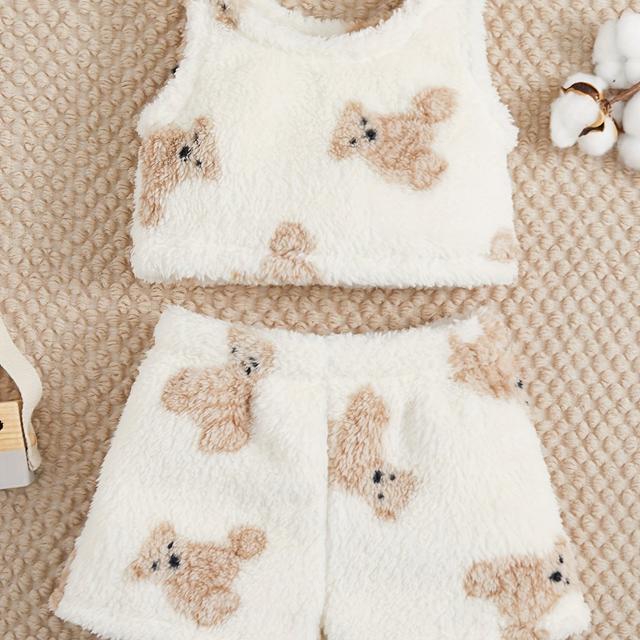 TEMU Roztomilá Dívčí Plyšová Sada s Medvídkem 2ks - Bezrukávkový Top & Kraťasy na , Podzim, Zimu | Perfektní Vánoční Dárek, Ideální pro Venkovní Aktivity