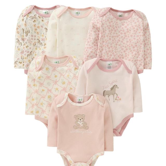 TEMU 6pcs Newborn Baby Girl' Long Sleeve Romper With Bear Embroidery And Floral Print, Suitable For Outdoor Activities, Outdoor