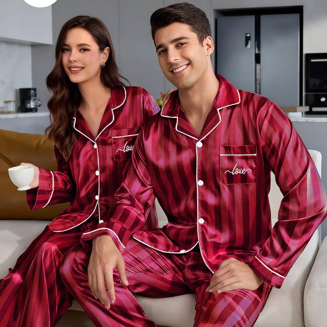 TEMU [Herren/Damen] Paar-Pyjamas, Langarm-Streifenpyjama für Damen oder Herren, Knopfleiste Oberteil Hose, 1 Oberteil 1 Hose, Valentinstag