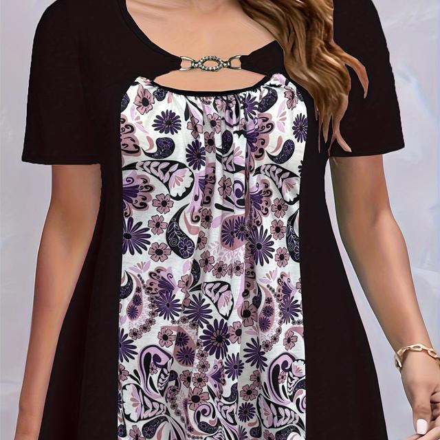 TEMU Plus-Size Damen-T-Shirt mit elegantem Blumenmuster - Asymmetrischer Saum & Metallkettendetail, Atmungsaktiver Stretchstoff, Kurzarm-Rundhals-Top für Frühling/Sommer, Maschinenwaschbar