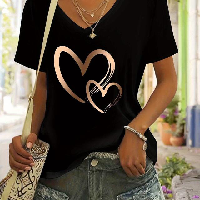 TEMU Jednoduchý a stylový dámský krátkým rukávem a výstřihem do V, s unikátním kovovým potiskem ve tvaru srdce, ideální pro každodenní nošení a venkovní aktivity na jaře a v létě