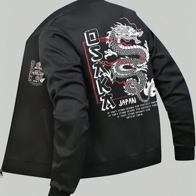 TEMU Veste de sport en polyester pour homme à Japon - Veste de décontractée à col en avec motif de dragon géométrique, légère élasticité, taille régulière pour /hiver