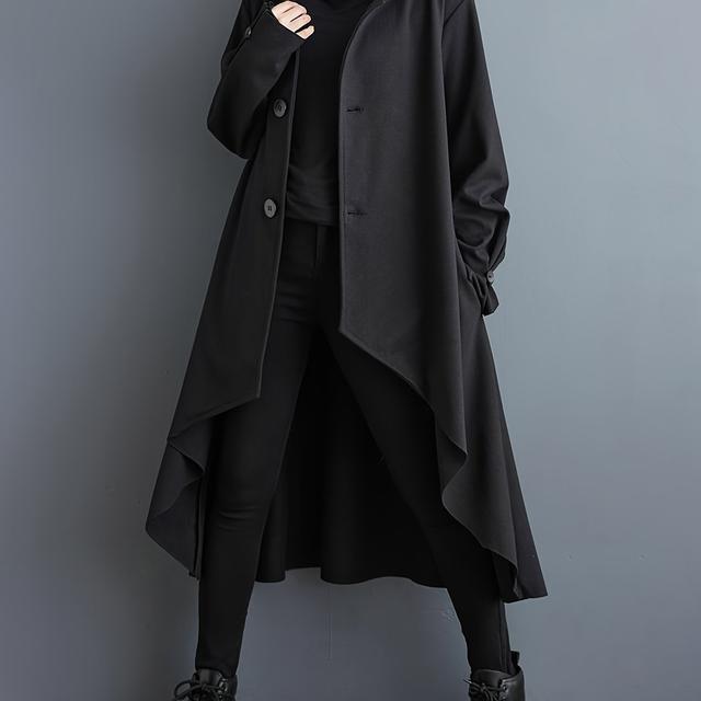 TEMU ボタンフロントスタンドカラールーズコート、カジュアルな無地の長袖長ラインコート、春秋用、女性用の服