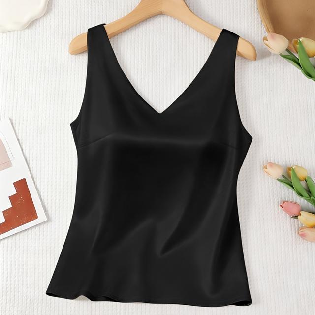 TEMU 1pc Satin V-neck Tank Top For Women, Solid Color Backless Acetate Satin Top, Blazer Lining Shirt