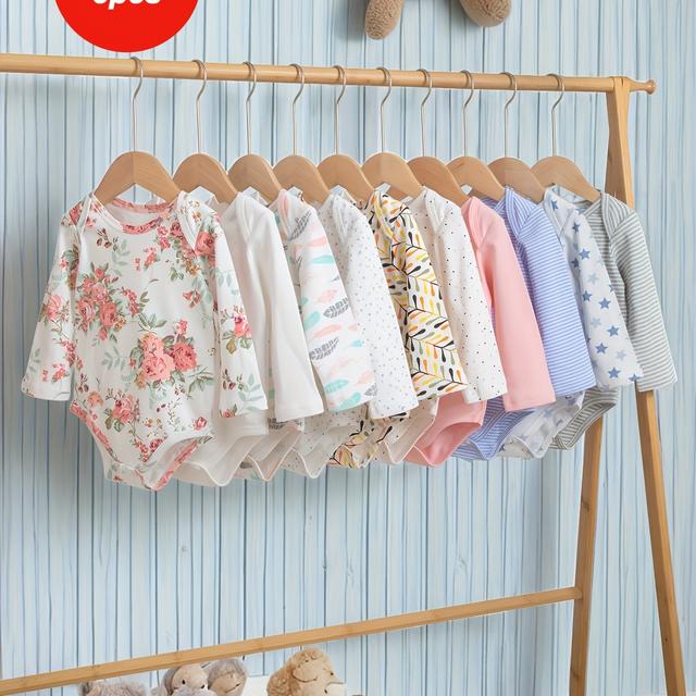 TEMU 5pcs Of Patterned Long-sleeve Triangle Bodysuits For Babies, Made Of , Suitable For Spring, Autumn, And Winter. Easy Solid Color Baby Rompers, Soft And Comfortable Baby Clothing, For Outdoor