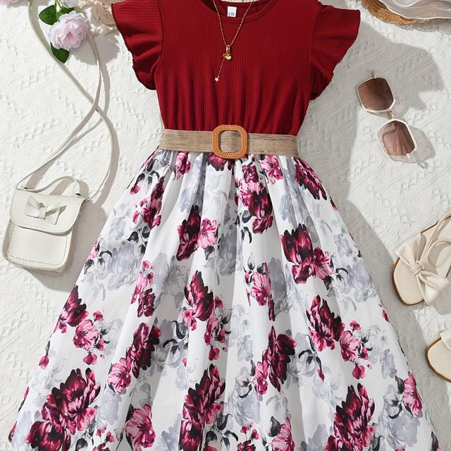 TEMU Girls' Summer Casual Dress Floral Ribbed Flare Sleeve For Outdoor