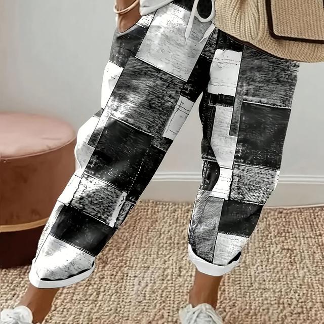 TEMU 1pc Pantalon Harem À Carreaux Pour Femmes de Grande Taille, Style Décontracté, Tissu Tissé Légèrement Extensible, Imprimé À Carreaux, Mode Printemps/automne, Pantalon En Denim Genie Leg