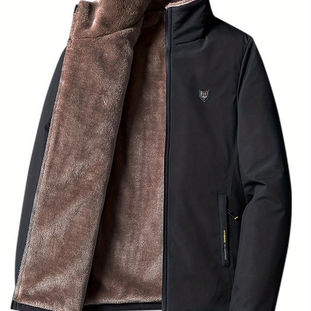 TEMU 남성용 캐주얼 겨울 자켓, 플리스 안감, 블랙 & 브라운 투톤 디자인, 폴리에스터, 지퍼 잠금, 레귤러 핏, 긴 소매, 가슴 및 사이드 포켓, 가을과 겨울에 이상적