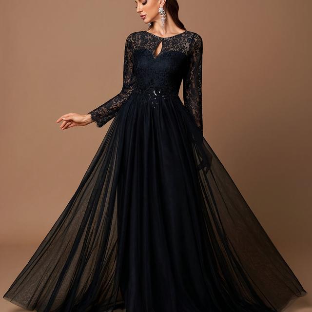 TEMU Elegantes, figurbetontes Damen-Hochzeitskleid in Uni-Farbe mit Spitzeinsätzen, Netzstoff, extralangem, leichtem Schleier weitem Rock