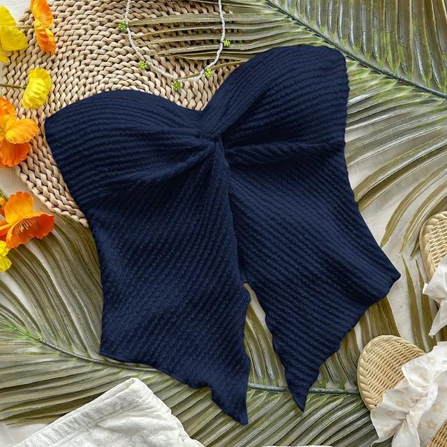 TEMU Women's Navy Blue Knit Texture Bandeau Top With Asymmetrical Hem - Ideal For Vacation And Beachwear, Beach Coverup Top|asymmetric Top|knit