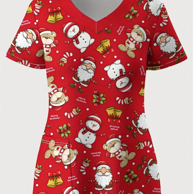 TEMU Plus Size - Plus Size - Fashionable V-neck Plus-size Nurse Uniform For Women Featuring Santa Claus And Bell Bear Prints, Perfect For A Cool And Comfortable Summer Work Top