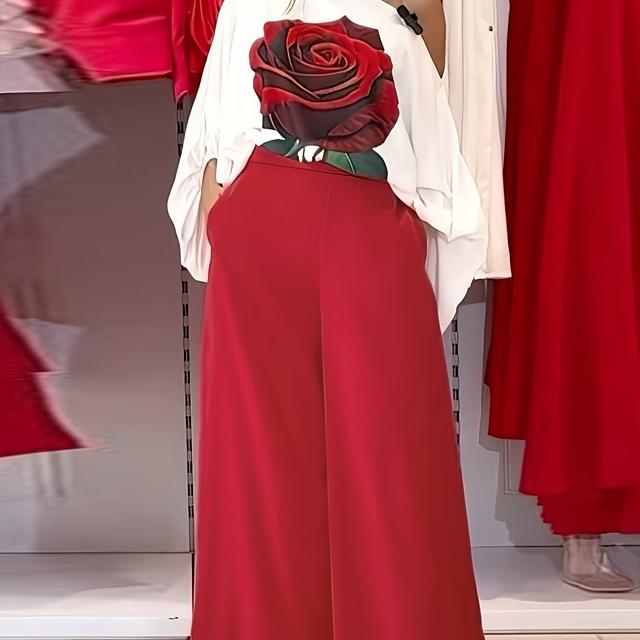 TEMU A Set Featuring A Loose Off-shoulder Top With Rose Pattern Lantern Sleeves And Wide-leg Flared Pants