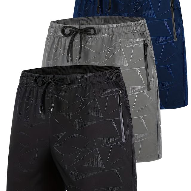 TEMU 3pcs Men's Athletic Shorts - Quick-dry, Breathable Polyester, Geometric Pattern, With Zipper Detail, Regular Fit For Running, Fitness, Cycling, Hiking