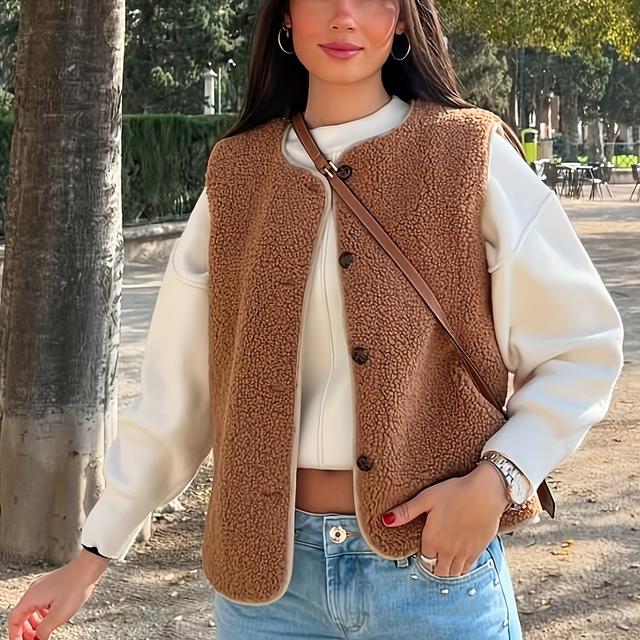 TEMU 2025 Herbst/Winter Französischer Stil Gefütterte Weste für Damen, Uni-Farbe, Rundhalsausschnitt, Knopfleiste Teddybär Plüschweste, Elegante Winterweste für Damen