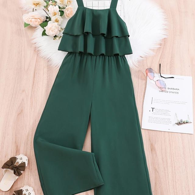 TEMU Girls' Summer Suspender Double-layered Ruffle Jumpsuit, For Outdoor