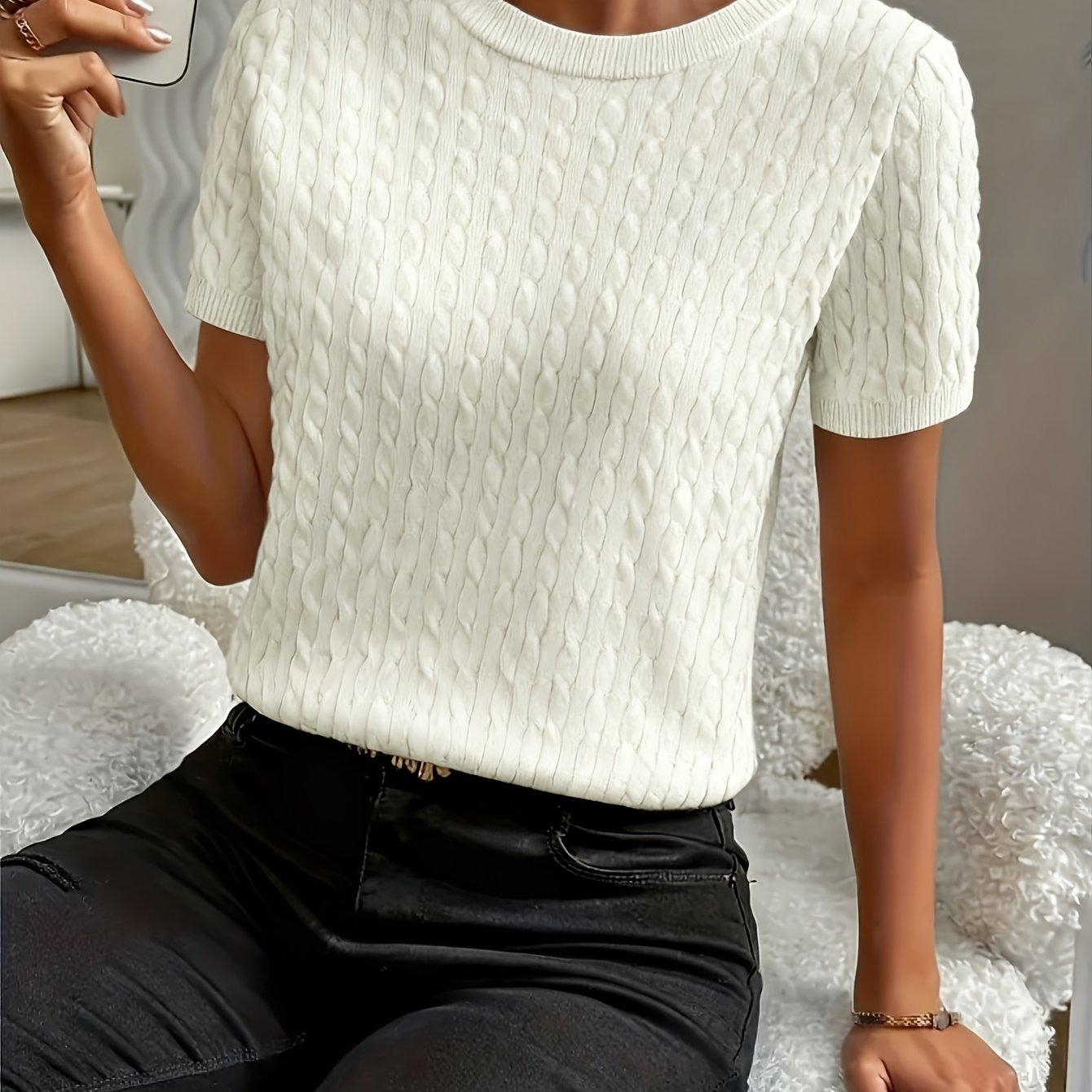 TEMU Rainy Fir Directional Minimalist Round Neck Pullover Comfortable Ribbed Short Sleeve Sweater