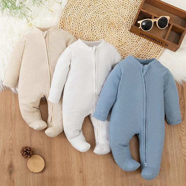 TEMU 3pcs Newborn Baby Boys Clothes 1pc Romper With Mitten Cuffs Solid Color Long Sleeve Waffle Zipper Jumpsuit Outfit Clothes, For Outdoor
