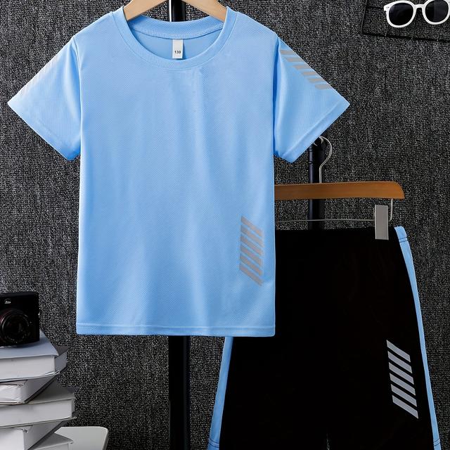 TEMU Boys' Summer Round Neck Solid Color Simple Sporty Style Breathable Quick-dry Casual Shorts Set, Perfect For Outdoor