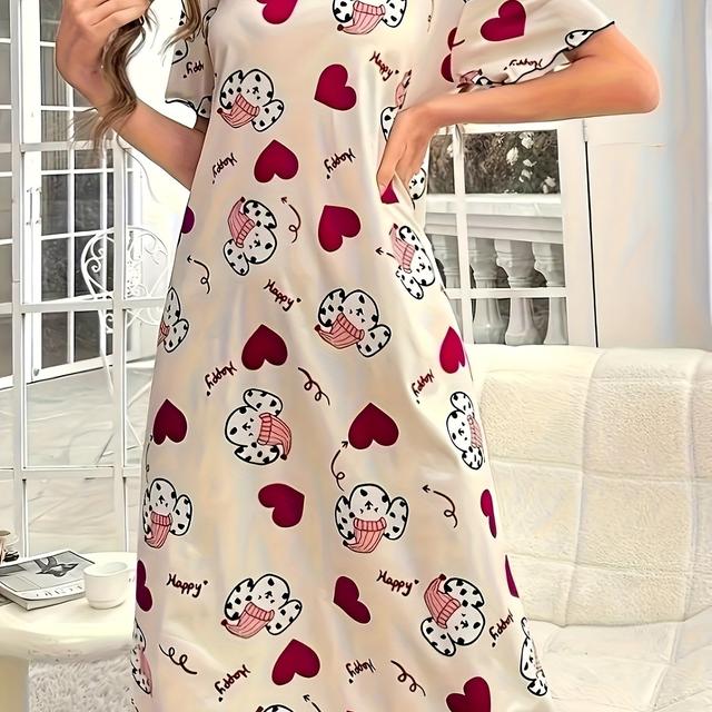 TEMU Women's Casual Pajama Dress With Heart And Flower Print, Crew Neck, Short Sleeve, Lightweight, Breathable Fabric - Ideal For Spring, Summer, Fall