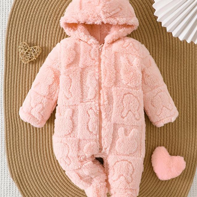 TEMU Pink Plush Hooded Onesie For Baby Girls With Rabbit Pattern, Beautiful And Comfortable Warm Clothing For Home Or Outdoor Use, For Outdoor