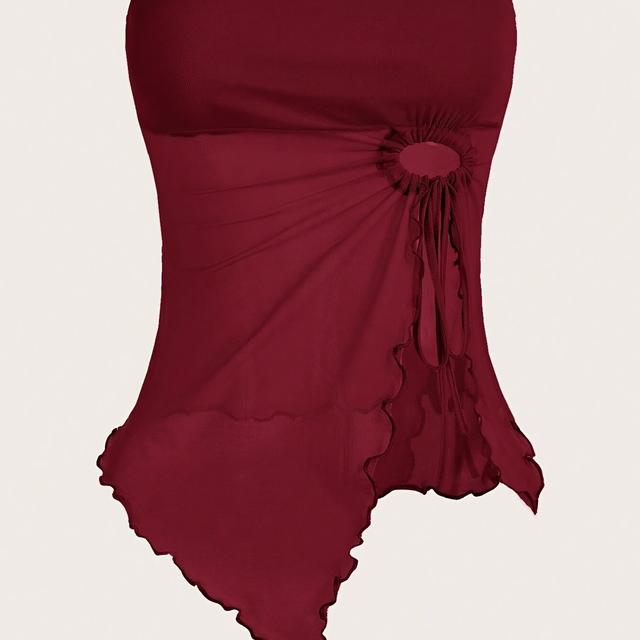 TEMU Y2k Asymmetrical Strapless Top With Side Tassel Details - High Elasticity Semi-sheer Burgundy Tube Shirt For Women, Machine Washable Spring Summer Fall Casual Wear
