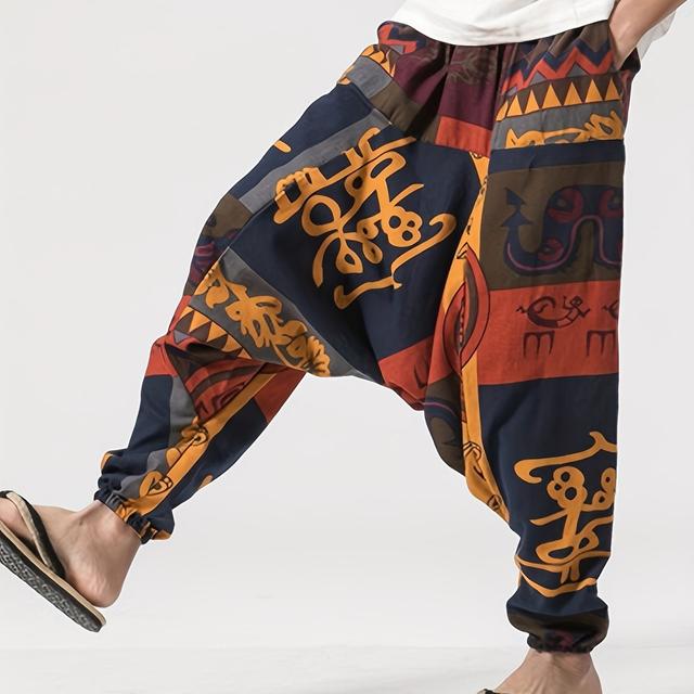 TEMU Pantalon harem décontracté pour homme avec taille à cordon - Coupe , imprimé tribal bleu et blanc, tissu non extensible, parfait pour un , vêtement confortable | Pantalon coupe | Texture tissée