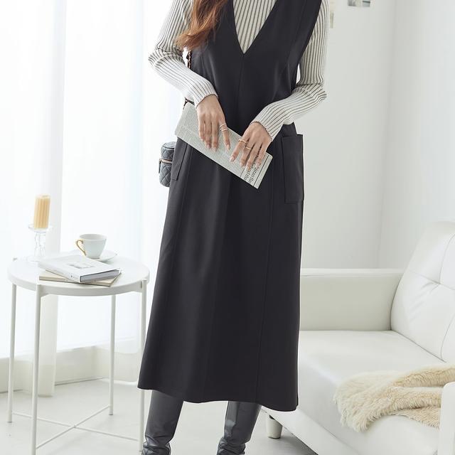 TEMU ウエストバンド付きレディースデニムスカートドレス - Vネックノースリーブワンピースデザイン、30代・40代・50代向けカジュアルからドレッシーまでのシックなネート、秋冬春のレイヤリング必須アイテム、カッション