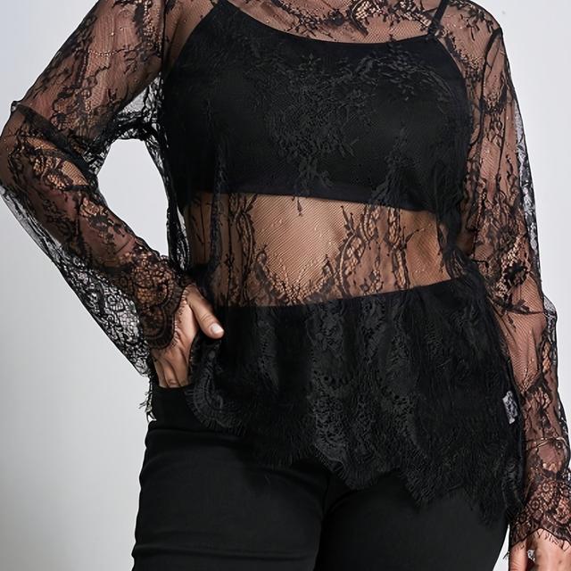 TEMU Plus Size, Plus-size Women's Floral Lace Round-neck Long-sleeve Loose Elegant Romantic Sheer Blouse, Suitable For Autumn And Winter, , Christmas, New Year Women's Set Top, Lace Long-sleeve Top