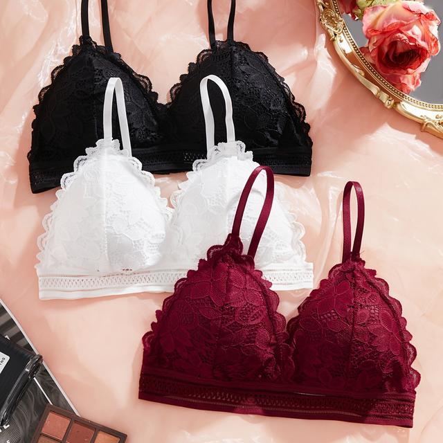 TEMU 3pcs Simple Solid Floral Lace Bra, Comfy & Breathable Triangle Cup Bra, Women's Lingerie & Underwear