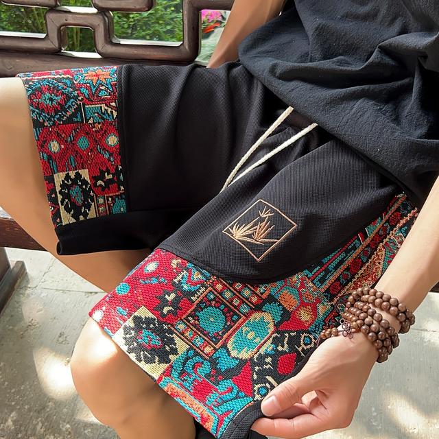 TEMU Herren / Mittelmeerstil Kurzhose - Ethno / Ägyptische/Indische Motive mit buntem Paisley, locker sitzende Kniebund-Hose, handwaschbare Kulturkleidung für Feste &