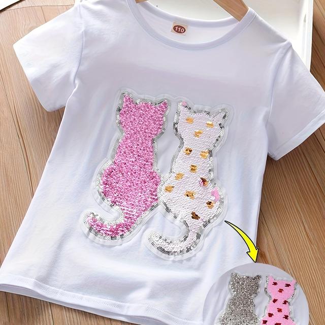 TEMU Girls' Short-sleeve Top With Cat Sequins For Older Children
