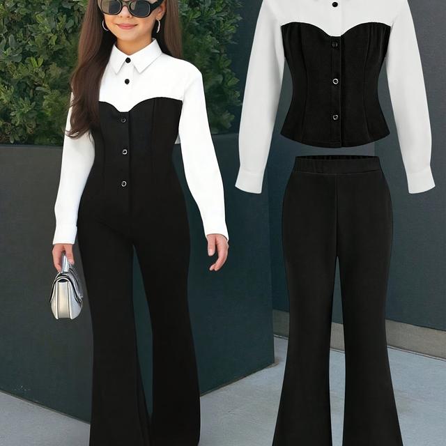 TEMU Girls' Casual Black And White Long-sleeve Shirt With Collar, With Casual Flared Pants 2pcs Set, Perfect For Outdoor Casual Gatherings, Machine Washable, Spring/summer Style, Perfect For Outdoor
