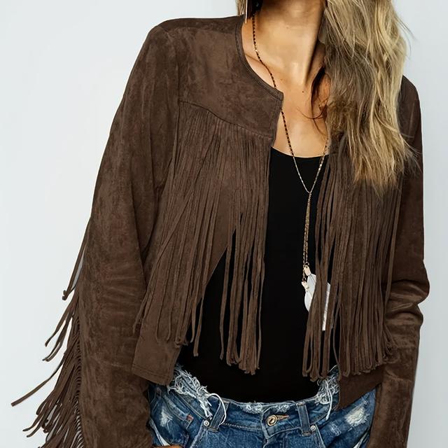 TEMU 봄 가을 여성 캐주얼 패션 우아한 솔리드 컬러 프린지 헴 오픈 프론트 긴팔 자켓, 웨스턴 레트로 가벼운 긴팔, 외출 및 휴가 여행에 적합
