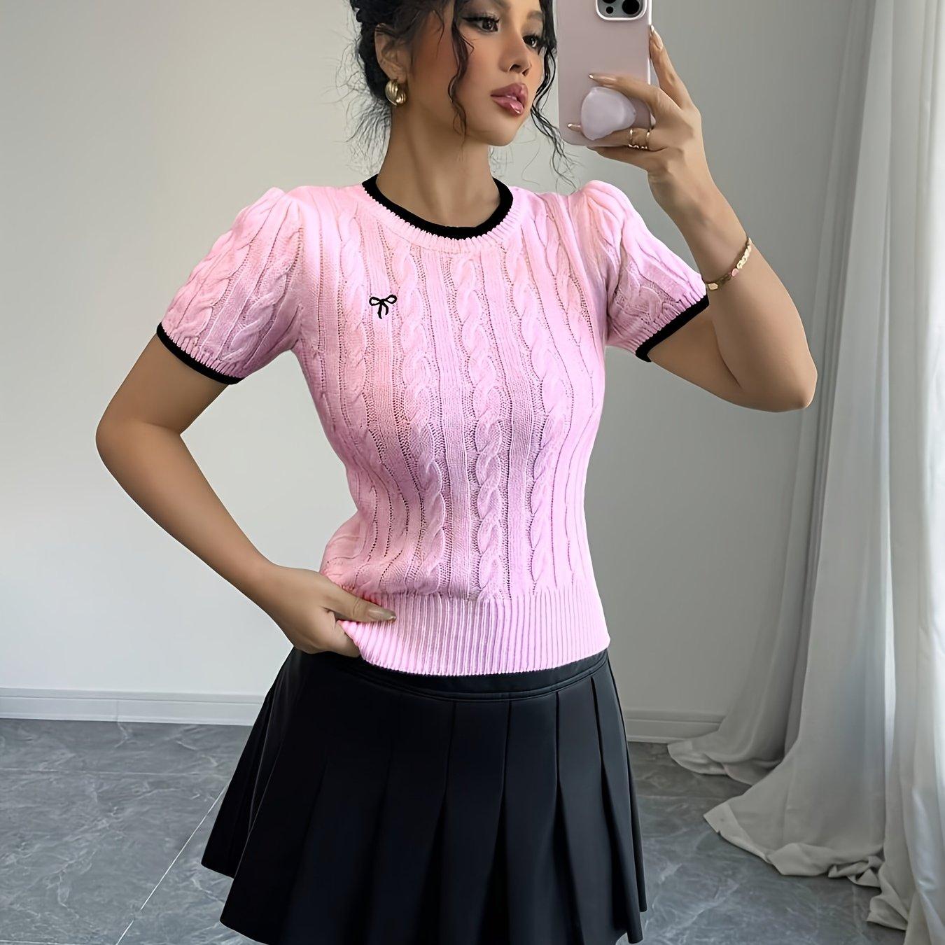 TEMU Dp022358 Cat Ear Design Women's Short Sleeve Top - Elegant Edges, Soft & Non-pilling, Spring/summer/fall, Casual Wear|elegant Top|ribbed Texture