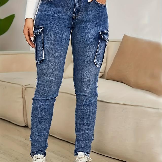 TEMU Women's High-stretch Skinny Jeans With Side Pockets - Streetwear Style Slim-fit Denim, Machine Washable For Casual & Formal Outfits, Versatile Clothing | Durable Fabric