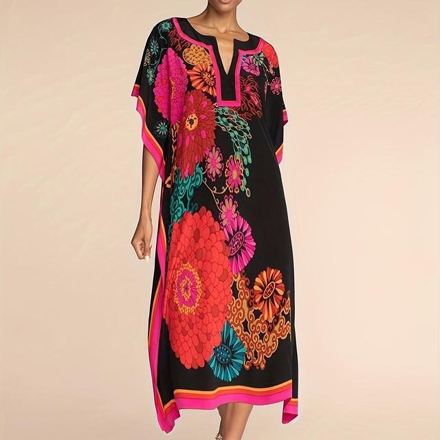 TEMU Placement Print Beach Cover-up Robe Style Casual Vacation Dress Bikini Cover-up