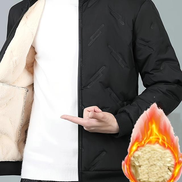 TEMU 남성용 보온 안감 엠보싱 캐주얼 자켓 - 지퍼 포켓 & 탄성 커프스