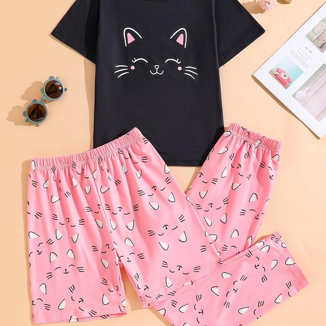 TEMU Mädchen-Freizeitkleidung mit Kätzchen-Print, 3-teiliges Set mit kurzen Ärmeln langer Hose, Shorts-Schlafanzug-Set, flammhemmender Stoff