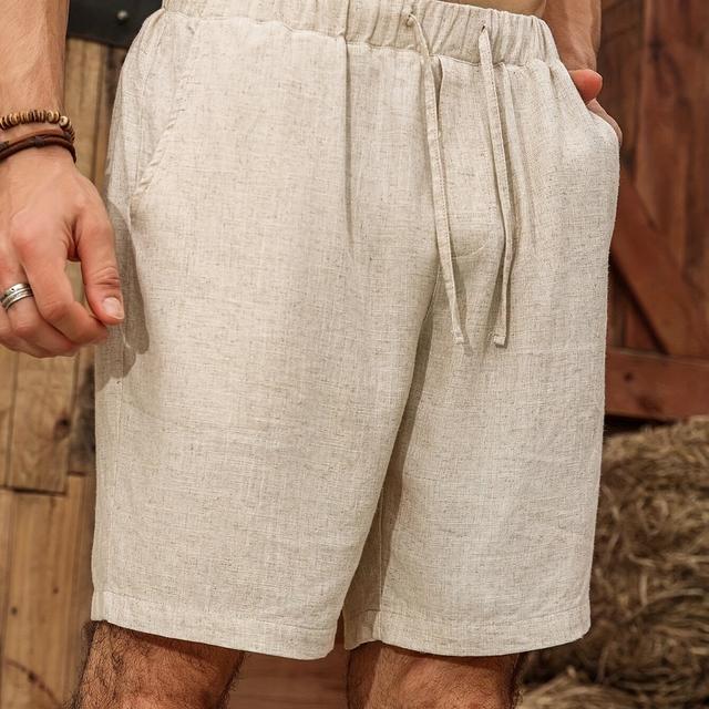 TEMU Calções casuais de verão para homem em linho de cor sólida com cordão e cintura elástica - Ajuste regular respirável para praia, escritório e vestuário casual, tecido não elástico