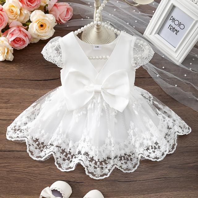 TEMU فستان أميرة أنيق للفتيات باللون الأبيض مع دانتيل وربطة - ياقة على شكل V، حافة كشكشة، أكمام قصيرة - مثالي للأعراس وواجبات فتاة الزهور، قابل للغسل في الغسالة، فساتين أميرة للفتيات