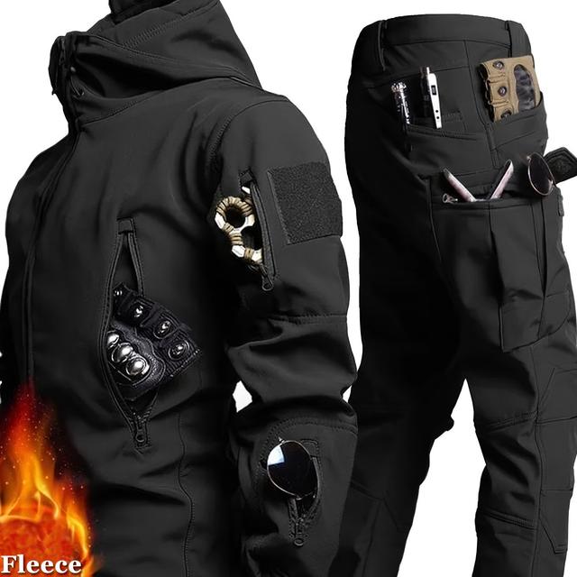 TEMU Men's Outdoor Set Autumn Winter -lined Casual Sport Tactical Jacket Pants 2pcs Soft Shell Jacket Cargo Pants Multi-pocket Cycling Workwear Windproof Hooded Jacket
