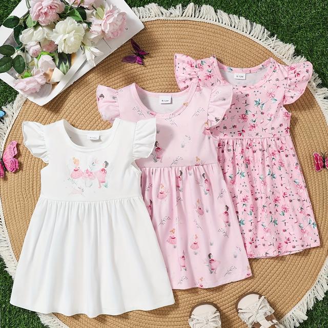 TEMU 3pcs Baby Girls' Spring Floral Print Dress With Pink White Floral Print Flutter Sleeve Cute Casual Outfit