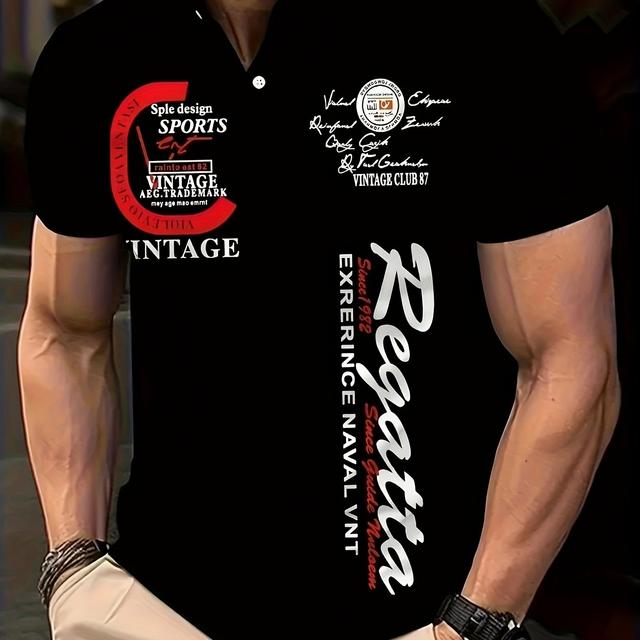 TEMU Chemise Homme Grande Taille à Imprimé Rétro Rouge - Polyester Respirant, Lavable en Machine, Coupe Regular pour l'Été avec Design Lettres Vintage, Tissu Lisse, GRANDE TAILLE