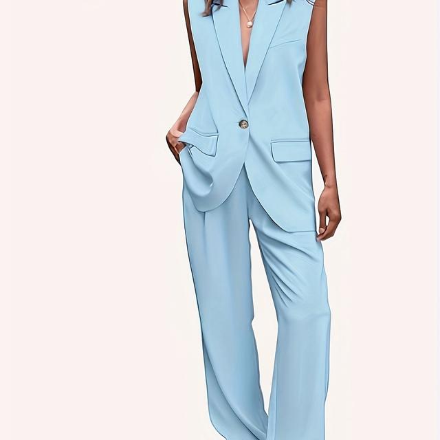 TEMU Elegant Sleeveless Blazer & Pants Set For Women - Solid Color, Polyester, Machine Washable - Suit With Button Detail