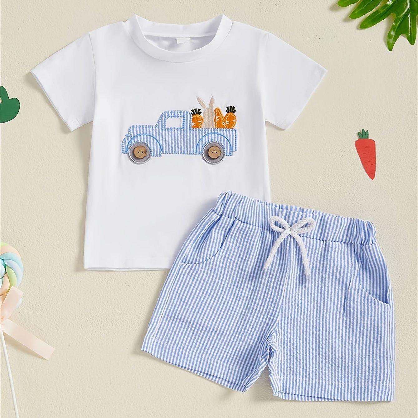 TEMU Ensemble d'été de Pâques pour garçons comprenant un t-shirt à manches courtes avec broderie de camion et de lapin, associé à un short rayé, idéal pour l'extérieur.